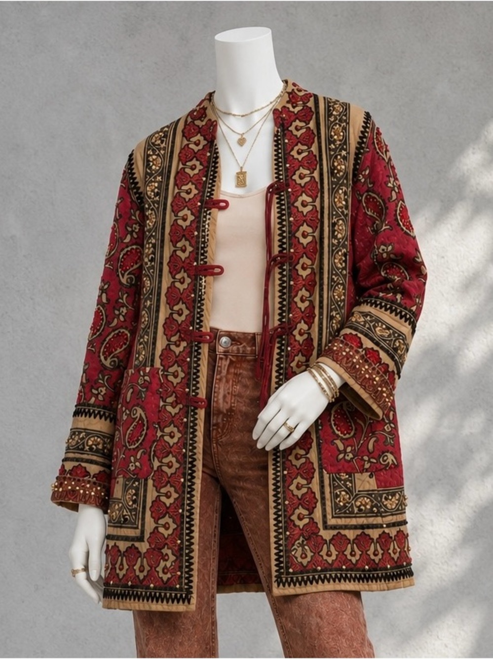 Happy Bird Samarkand Quilted Boho Jacket Uzbek Art To Wear Beaded Tassel Coat S - Picture 11 of 13